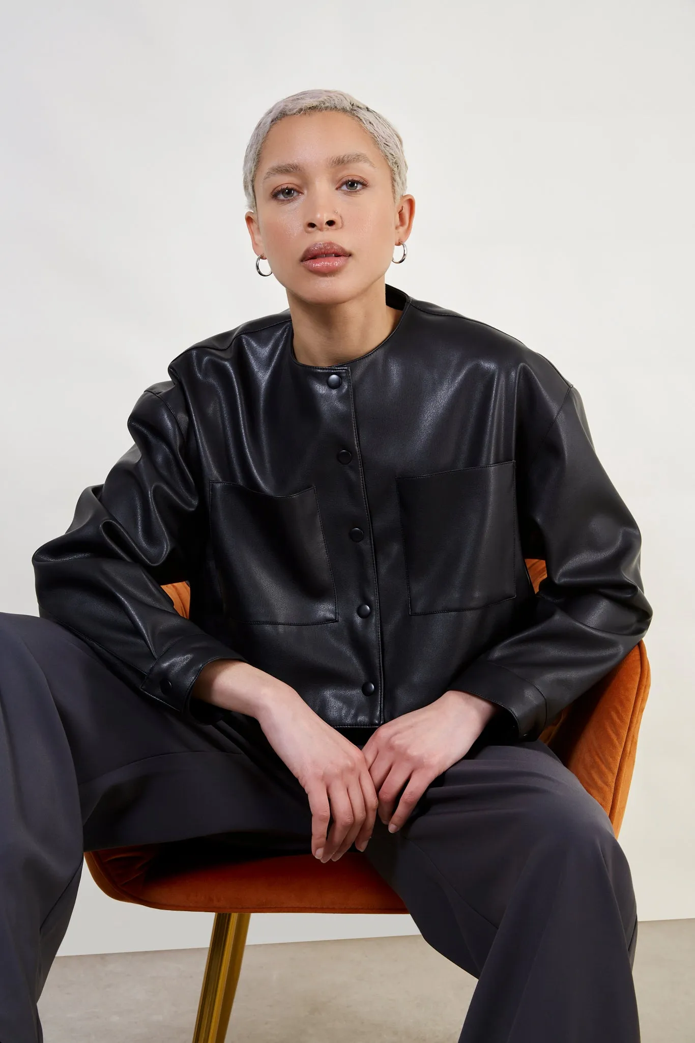 Black vegan leather round collar cropped jacket