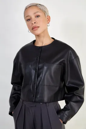 Black vegan leather round collar cropped jacket