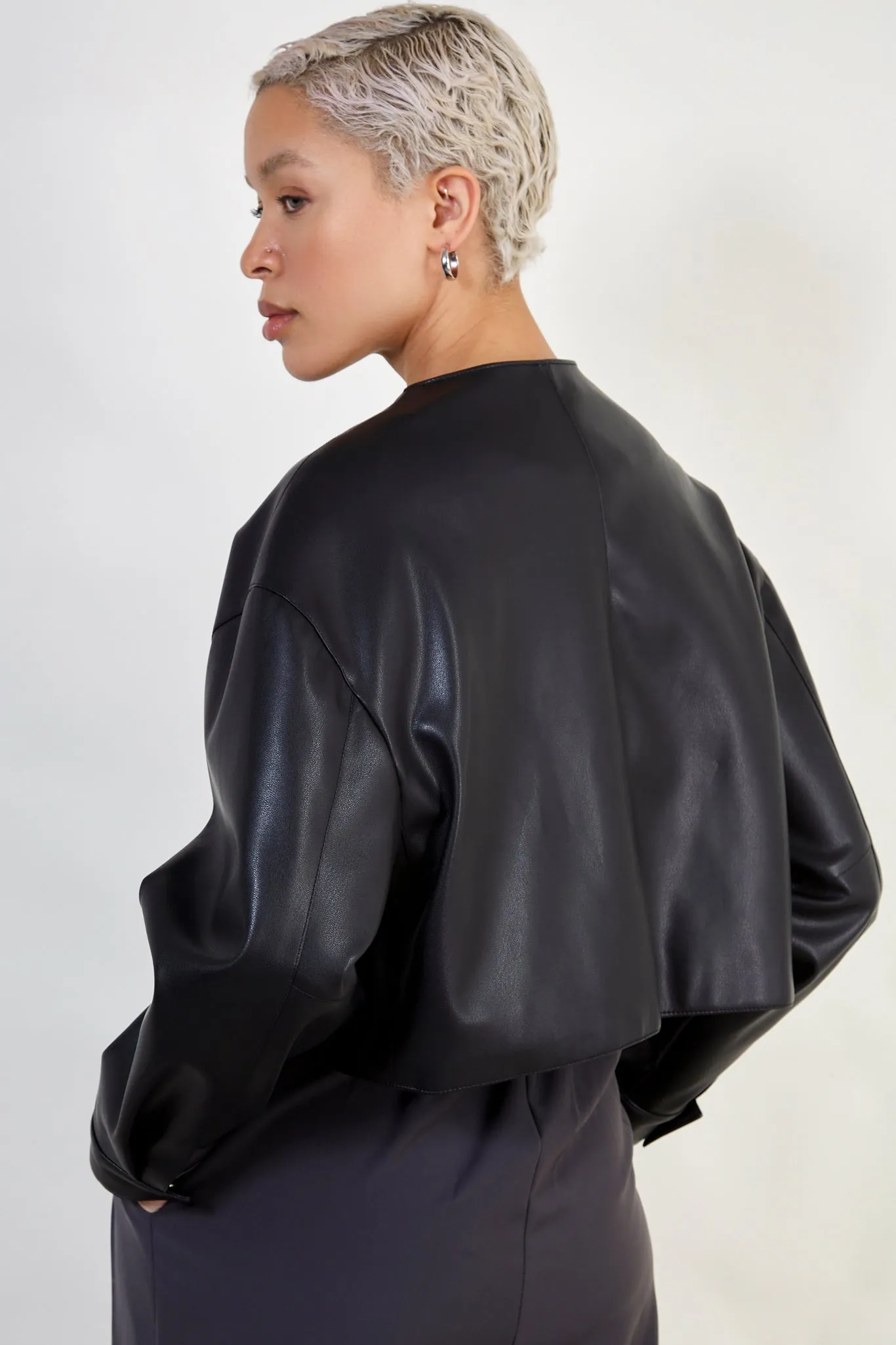 Black vegan leather round collar cropped jacket