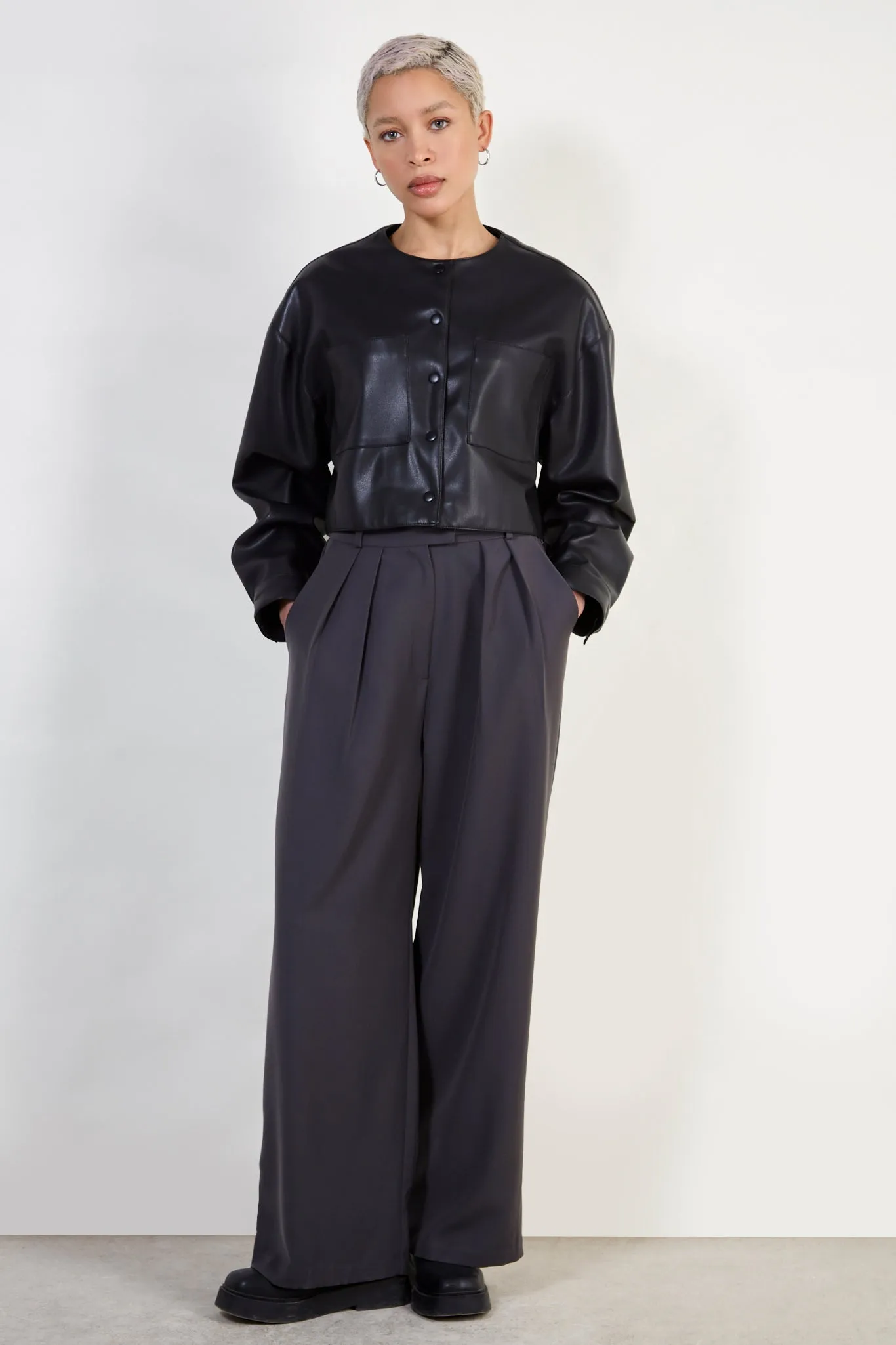 Black vegan leather round collar cropped jacket