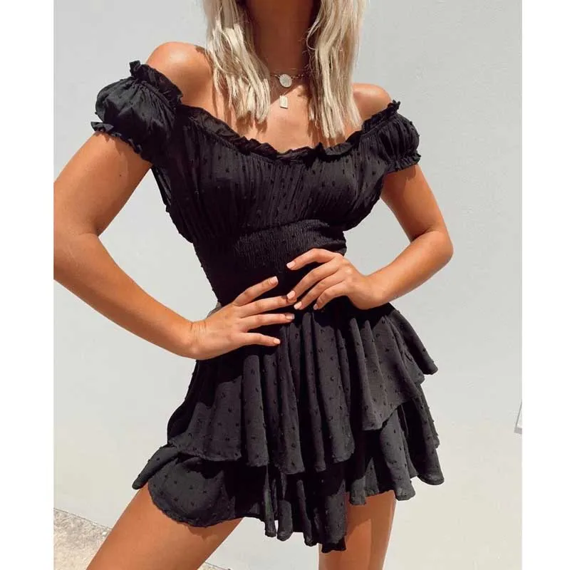 Boho Inspired shirred ruffled neckline tiered mini summer dress rayon cute puff sleeve boho dress