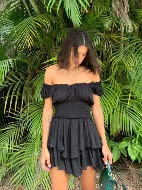 Boho Inspired shirred ruffled neckline tiered mini summer dress rayon cute puff sleeve boho dress
