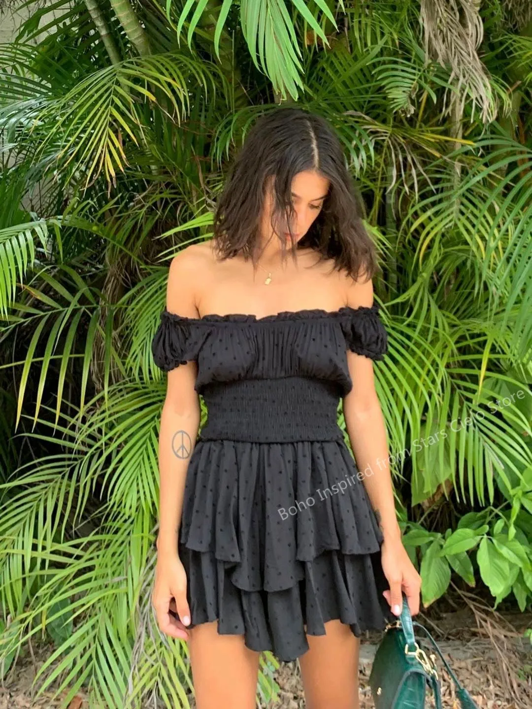 Boho Inspired shirred ruffled neckline tiered mini summer dress rayon cute puff sleeve boho dress