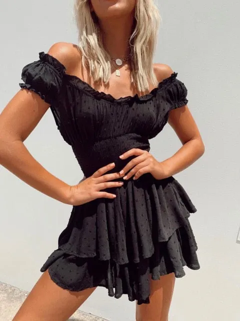 Boho Inspired shirred ruffled neckline tiered mini summer dress rayon cute puff sleeve boho dress
