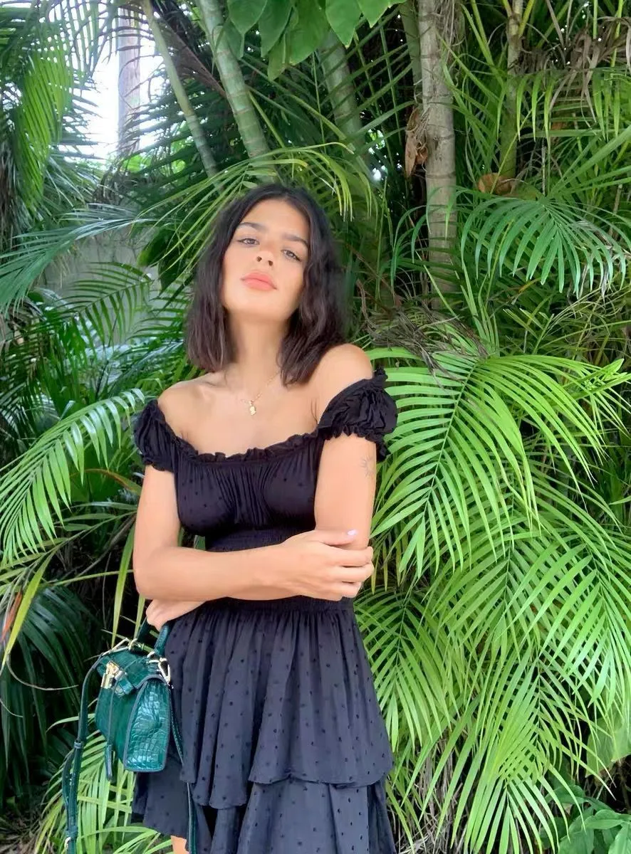 Boho Inspired shirred ruffled neckline tiered mini summer dress rayon cute puff sleeve boho dress