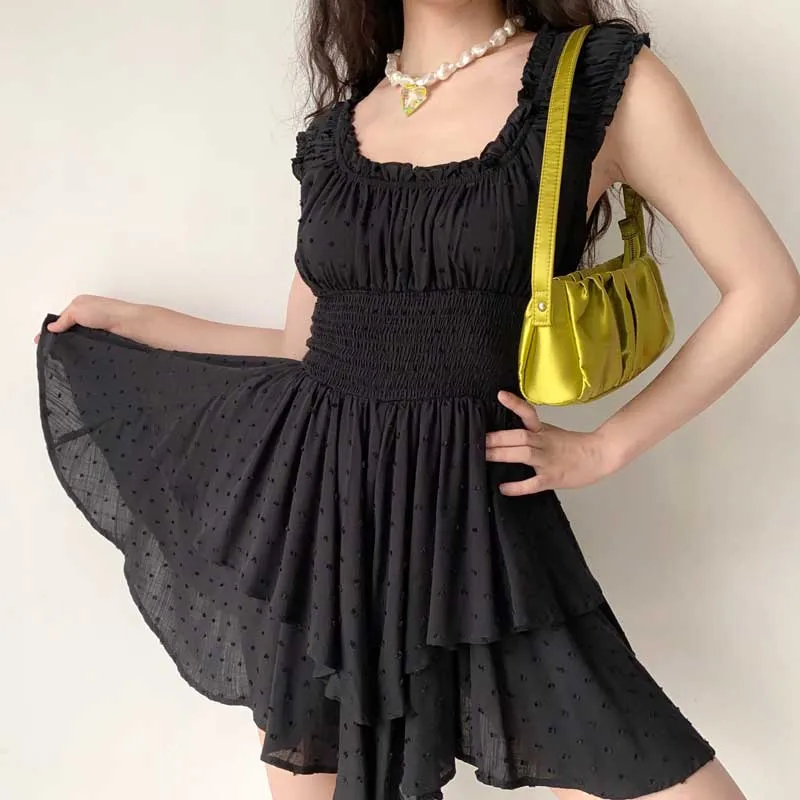 Boho Inspired shirred ruffled neckline tiered mini summer dress rayon cute puff sleeve boho dress