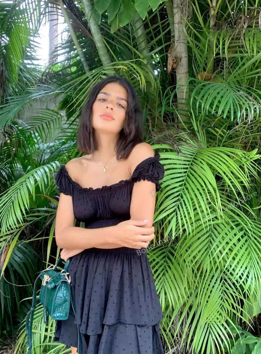 Boho Inspired shirred ruffled neckline tiered mini summer dress rayon cute puff sleeve boho dress