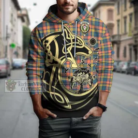Buchanan Ancient Tartan Hoodie with Family Crest Celtic Wolf Style