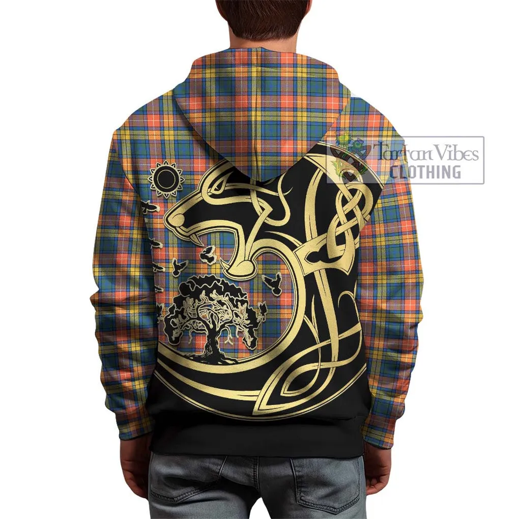 Buchanan Ancient Tartan Hoodie with Family Crest Celtic Wolf Style
