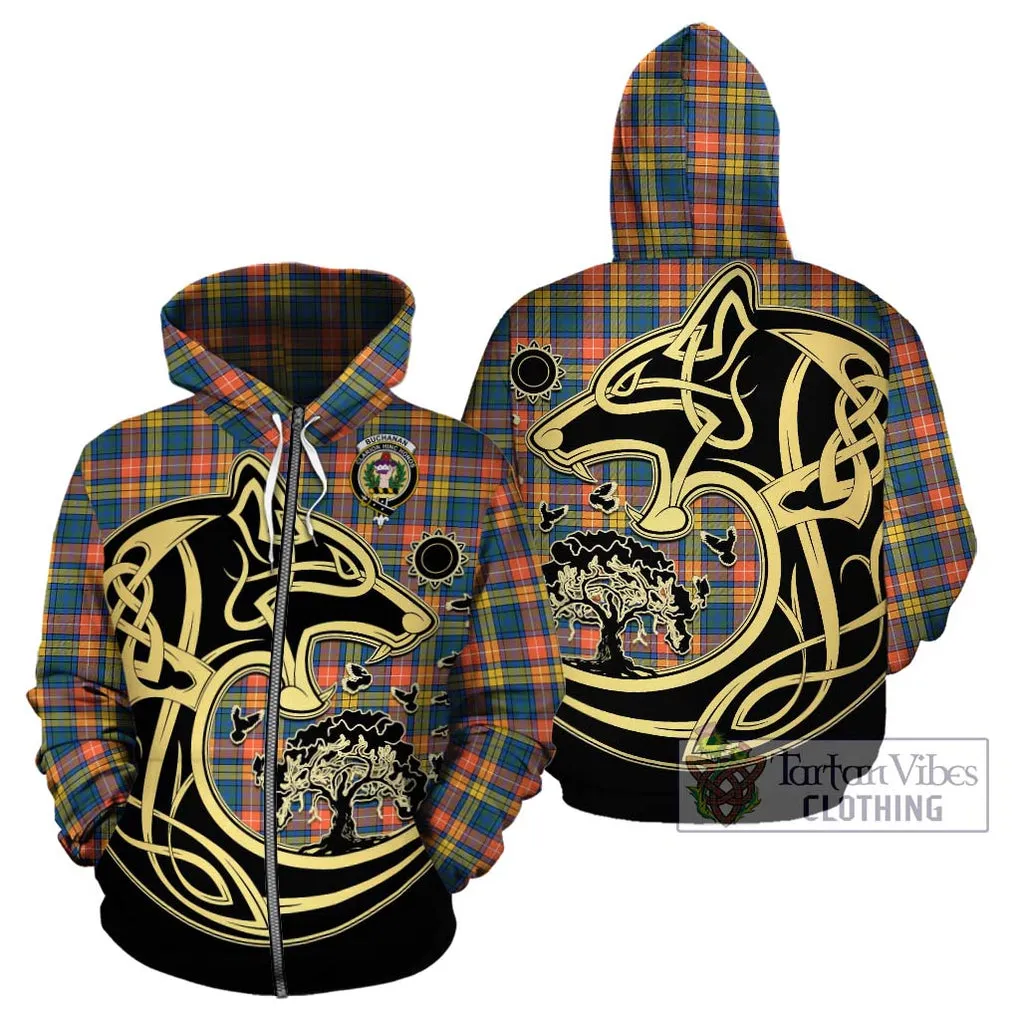 Buchanan Ancient Tartan Hoodie with Family Crest Celtic Wolf Style