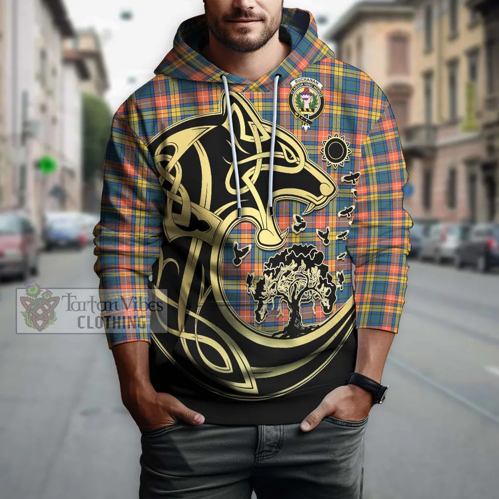 Buchanan Ancient Tartan Hoodie with Family Crest Celtic Wolf Style