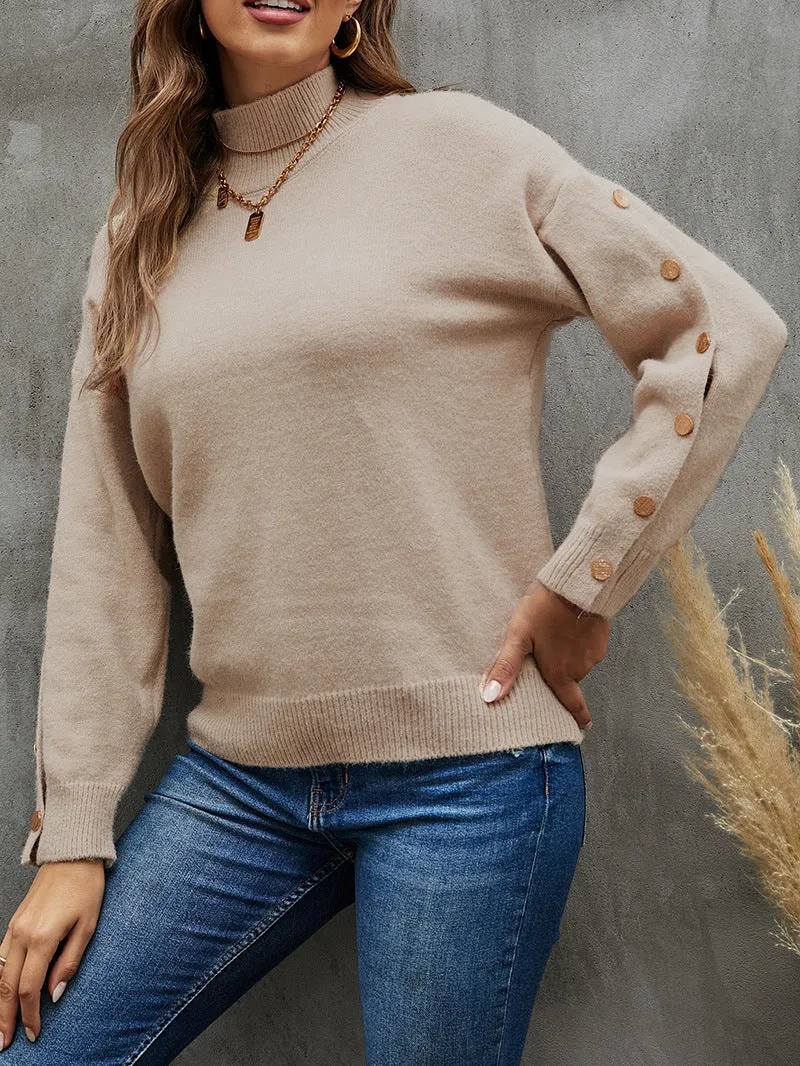 Button Coat Solid Color Half Turtle Neck Sweater