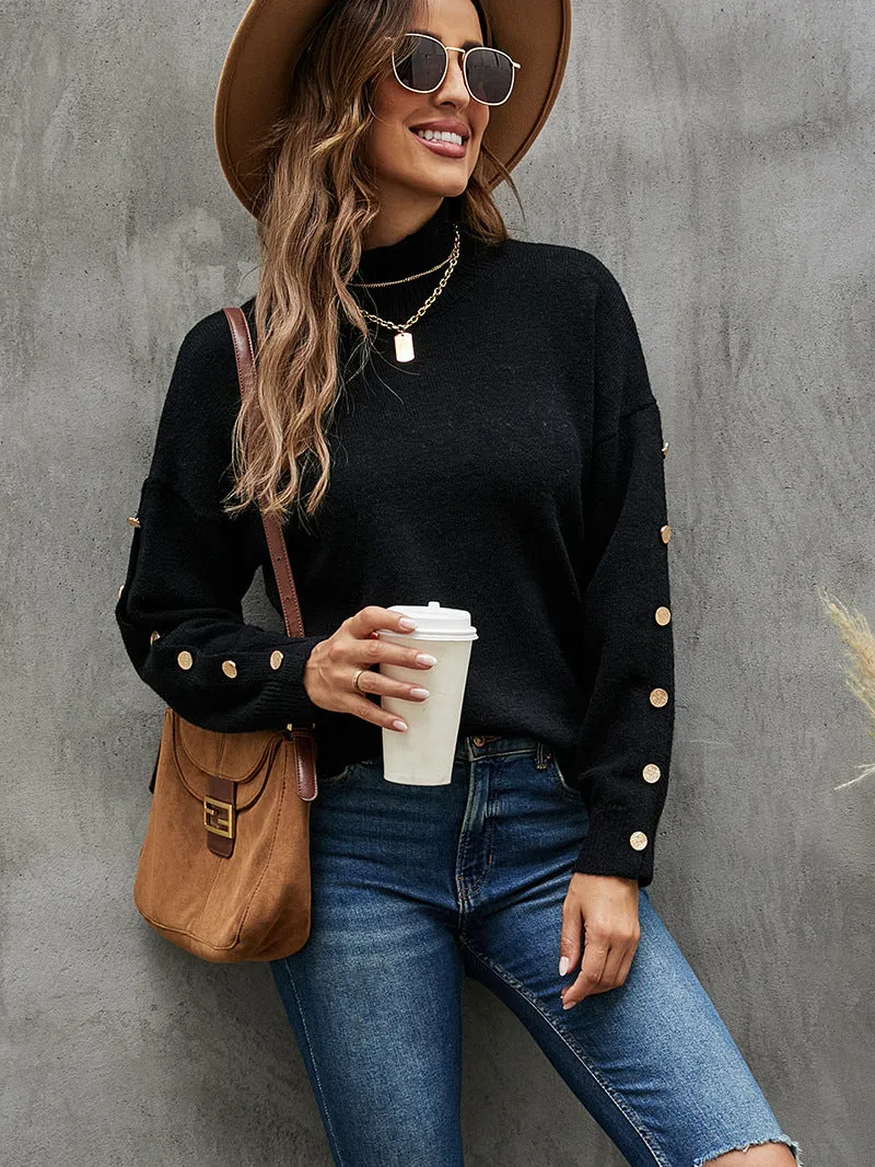 Button Coat Solid Color Half Turtle Neck Sweater