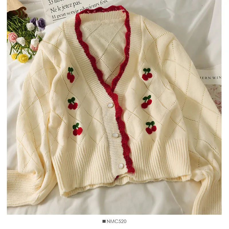 Cherry embroidered diamond check wavy edge sweater  1748