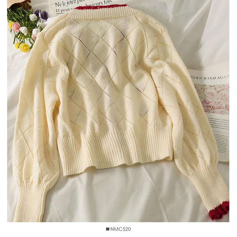 Cherry embroidered diamond check wavy edge sweater  1748