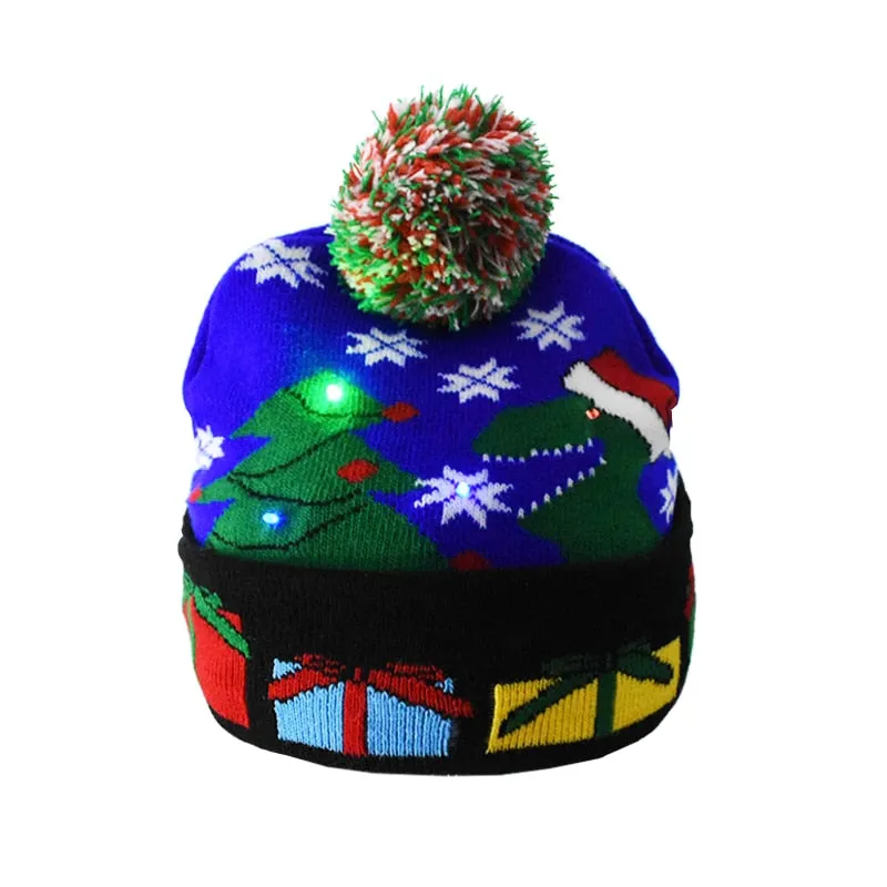Christmas Hats Sweater Santa Elk Knitted Beanie Hat With LED Light Up Cartoon Patteren Christmas Gift For Kids New Year Supplies