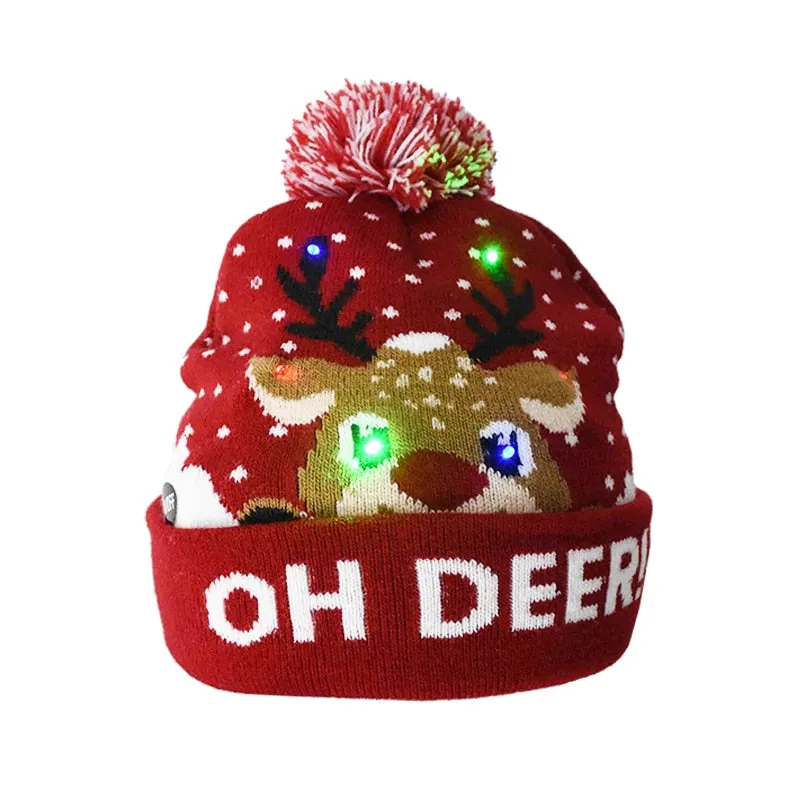 Christmas Hats Sweater Santa Elk Knitted Beanie Hat With LED Light Up Cartoon Patteren Christmas Gift For Kids New Year Supplies