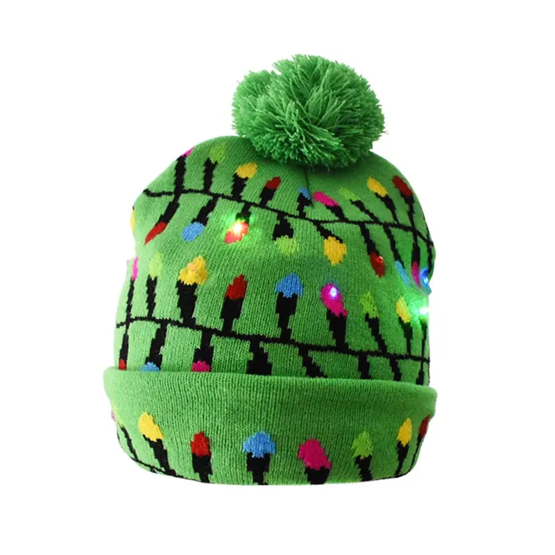 Christmas Hats Sweater Santa Elk Knitted Beanie Hat With LED Light Up Cartoon Patteren Christmas Gift For Kids New Year Supplies