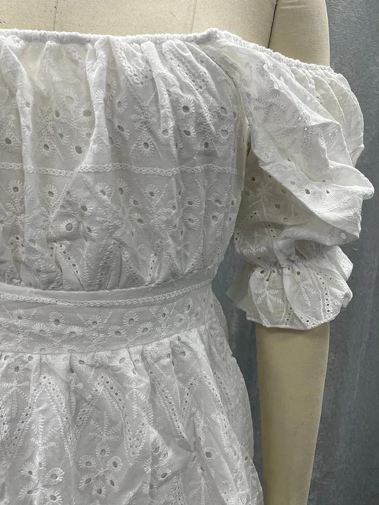 Cotton lace up hollow out summer white Holiday casual high waist ruffled mini dresses A-line frills Dress