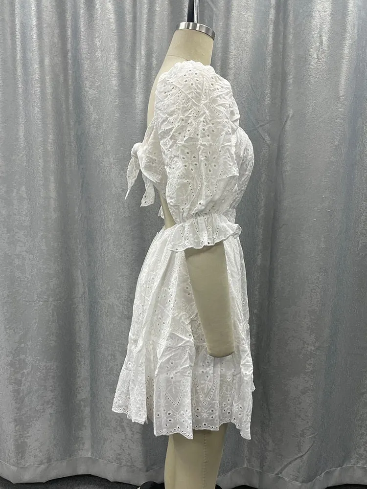 Cotton lace up hollow out summer white Holiday casual high waist ruffled mini dresses A-line frills Dress
