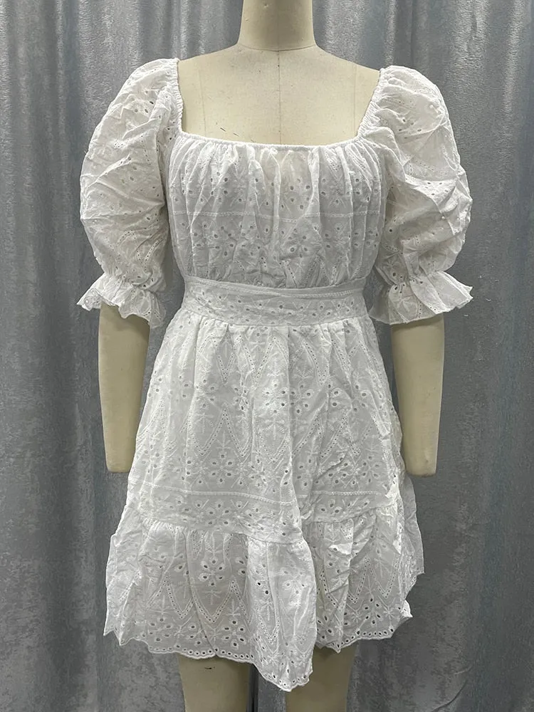 Cotton lace up hollow out summer white Holiday casual high waist ruffled mini dresses A-line frills Dress