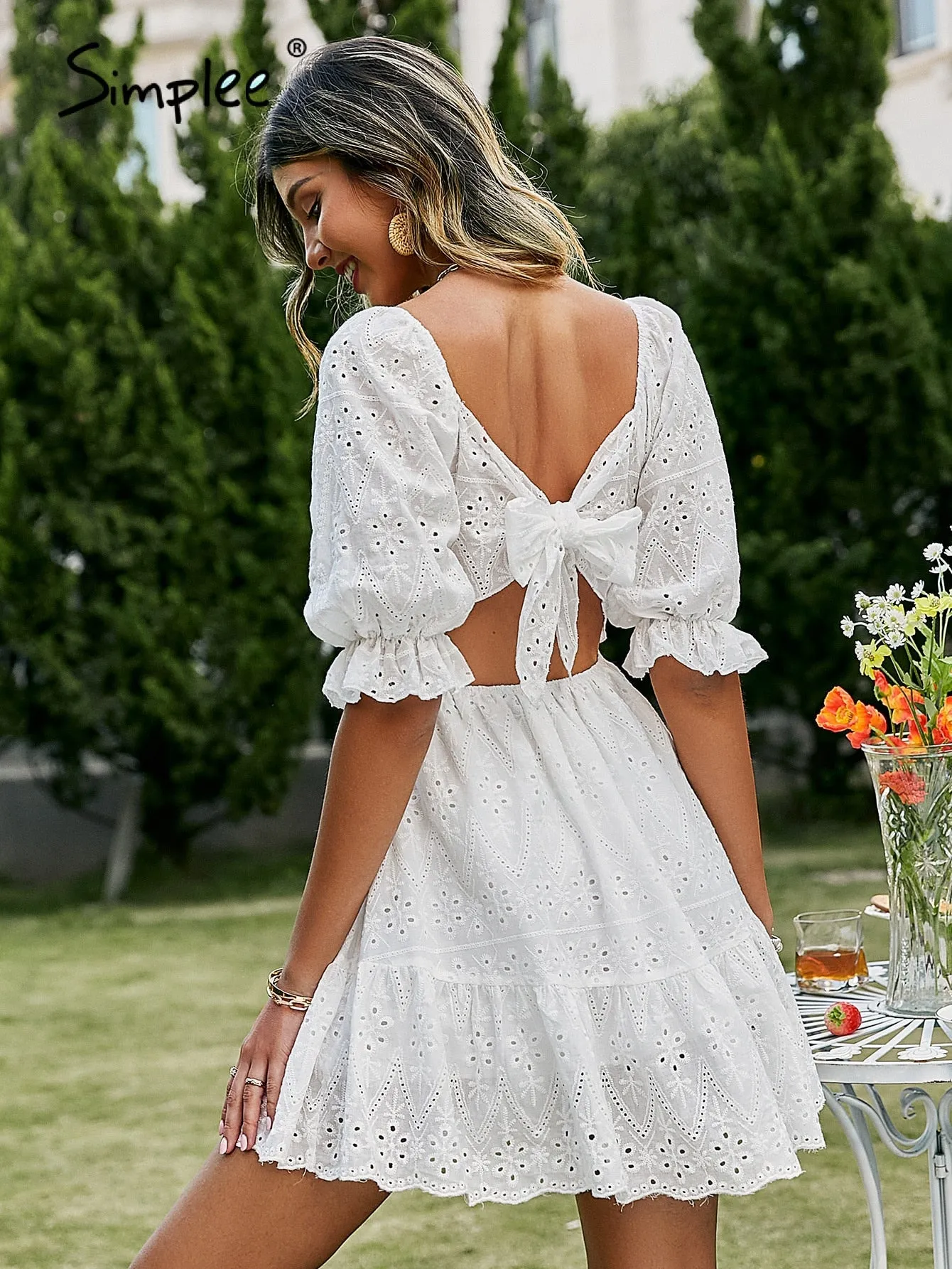 Cotton lace up hollow out summer white Holiday casual high waist ruffled mini dresses A-line frills Dress