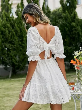 Cotton lace up hollow out summer white Holiday casual high waist ruffled mini dresses A-line frills Dress