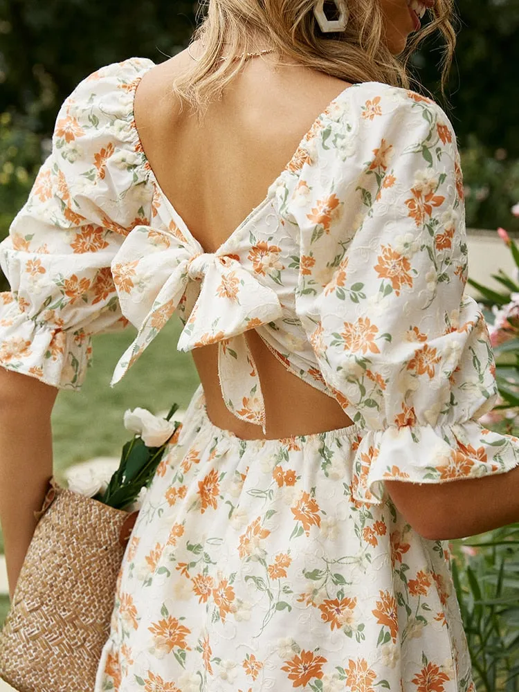 Cotton lace up hollow out summer white Holiday casual high waist ruffled mini dresses A-line frills Dress