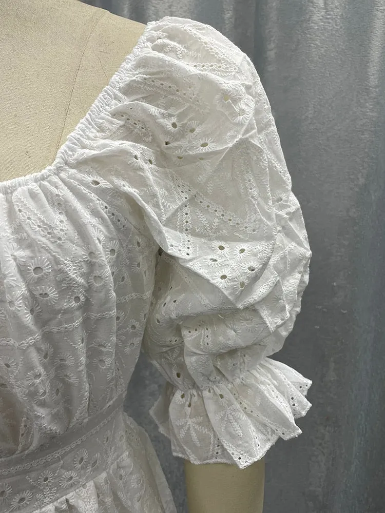 Cotton lace up hollow out summer white Holiday casual high waist ruffled mini dresses A-line frills Dress