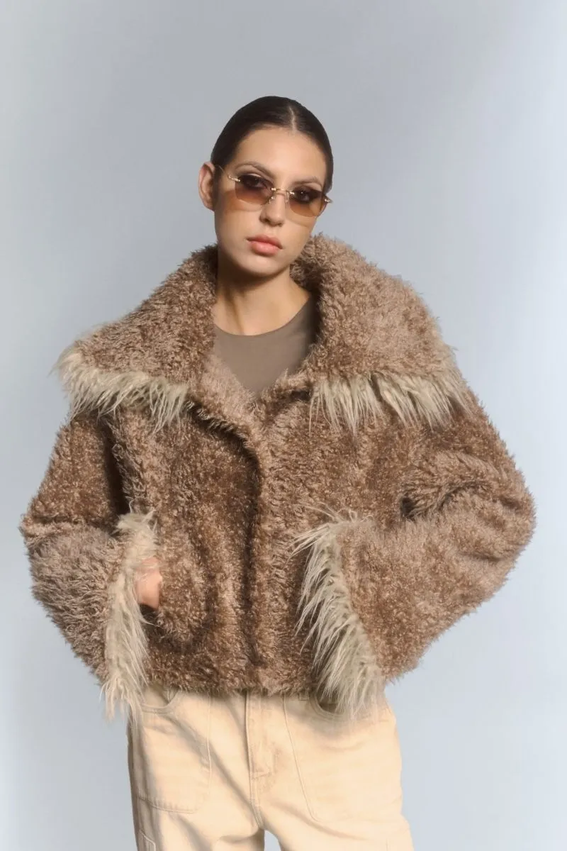 CROPPED FAUX FUR JACKET WITH TURN-UP CUFFS IN BEIGE