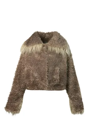 CROPPED FAUX FUR JACKET WITH TURN-UP CUFFS IN BEIGE
