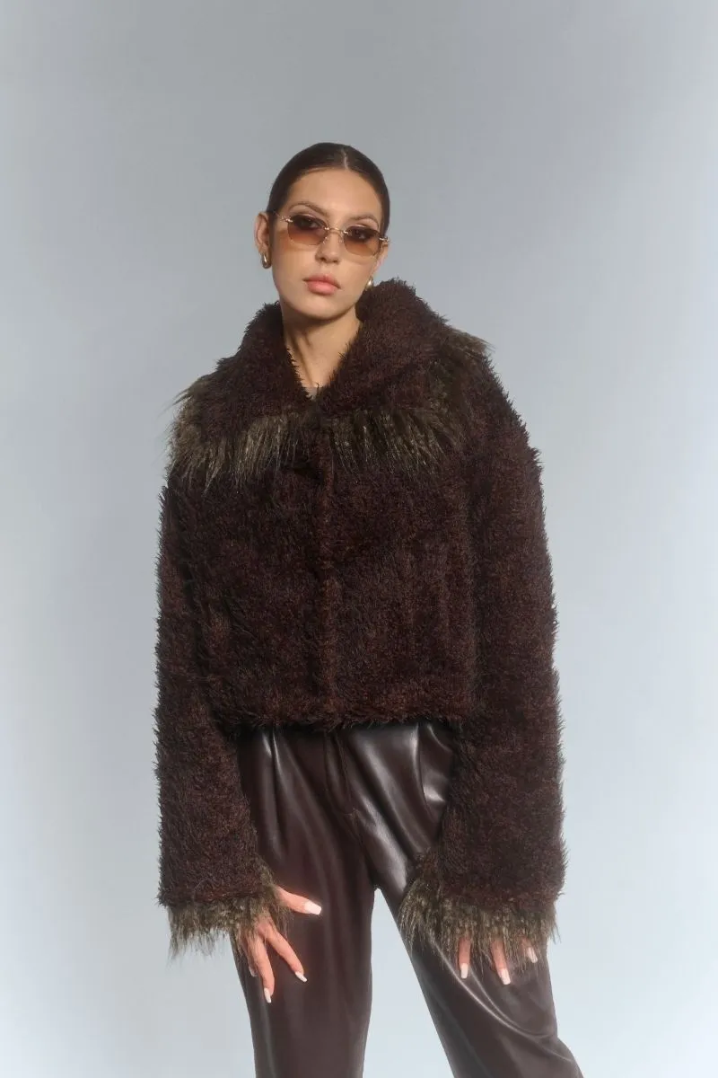 CROPPED FAUX FUR JACKET WITH TURN-UP CUFFS IN BROWN