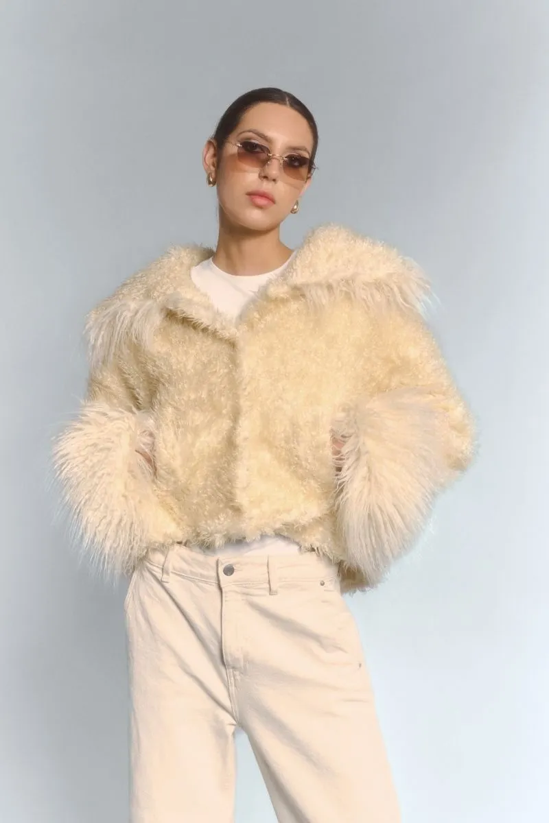 CROPPED FAUX FUR JACKET WITH TURN-UP CUFFS IN ECRU