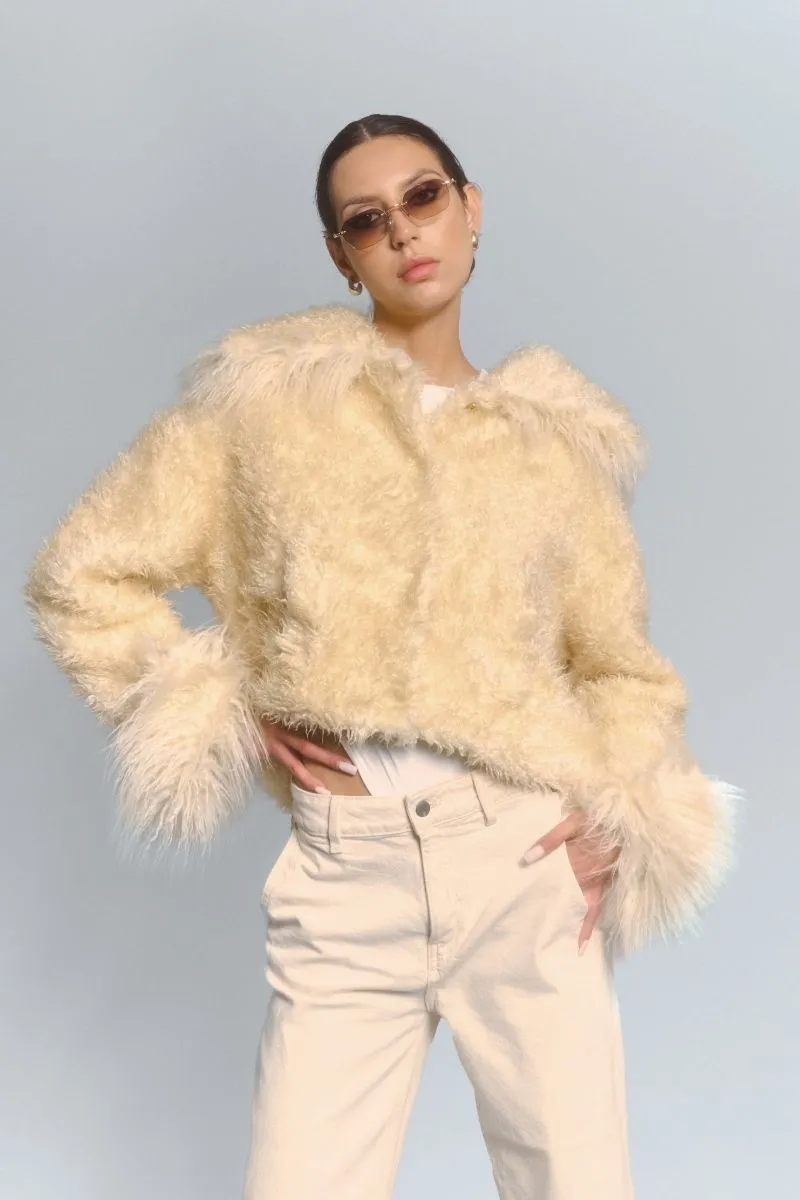 CROPPED FAUX FUR JACKET WITH TURN-UP CUFFS IN ECRU