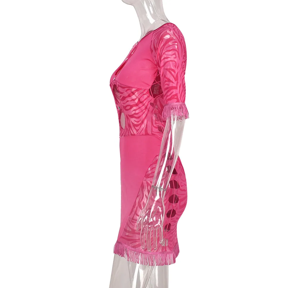 Cut Out Zebra Mesh Transparent Mini Beach Holiday Party Club Bodycon Pencil Dress