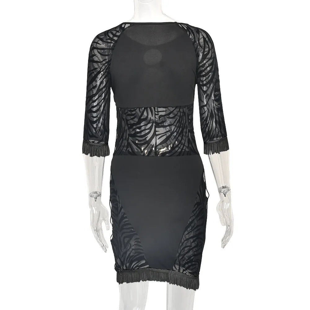 Cut Out Zebra Mesh Transparent Mini Beach Holiday Party Club Bodycon Pencil Dress