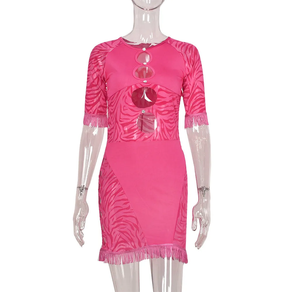 Cut Out Zebra Mesh Transparent Mini Beach Holiday Party Club Bodycon Pencil Dress