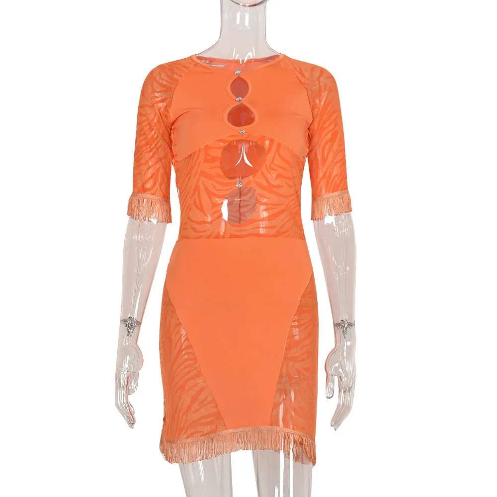 Cut Out Zebra Mesh Transparent Mini Beach Holiday Party Club Bodycon Pencil Dress