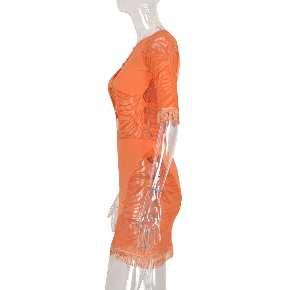 Cut Out Zebra Mesh Transparent Mini Beach Holiday Party Club Bodycon Pencil Dress