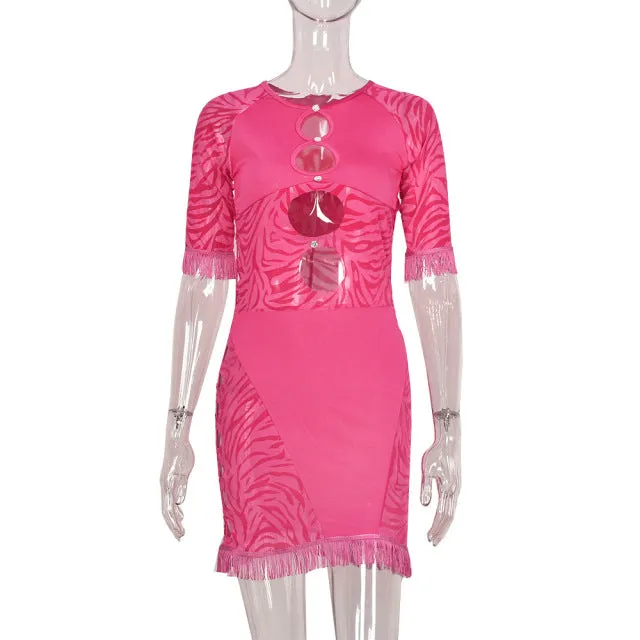 Cut Out Zebra Mesh Transparent Mini Beach Holiday Party Club Bodycon Pencil Dress