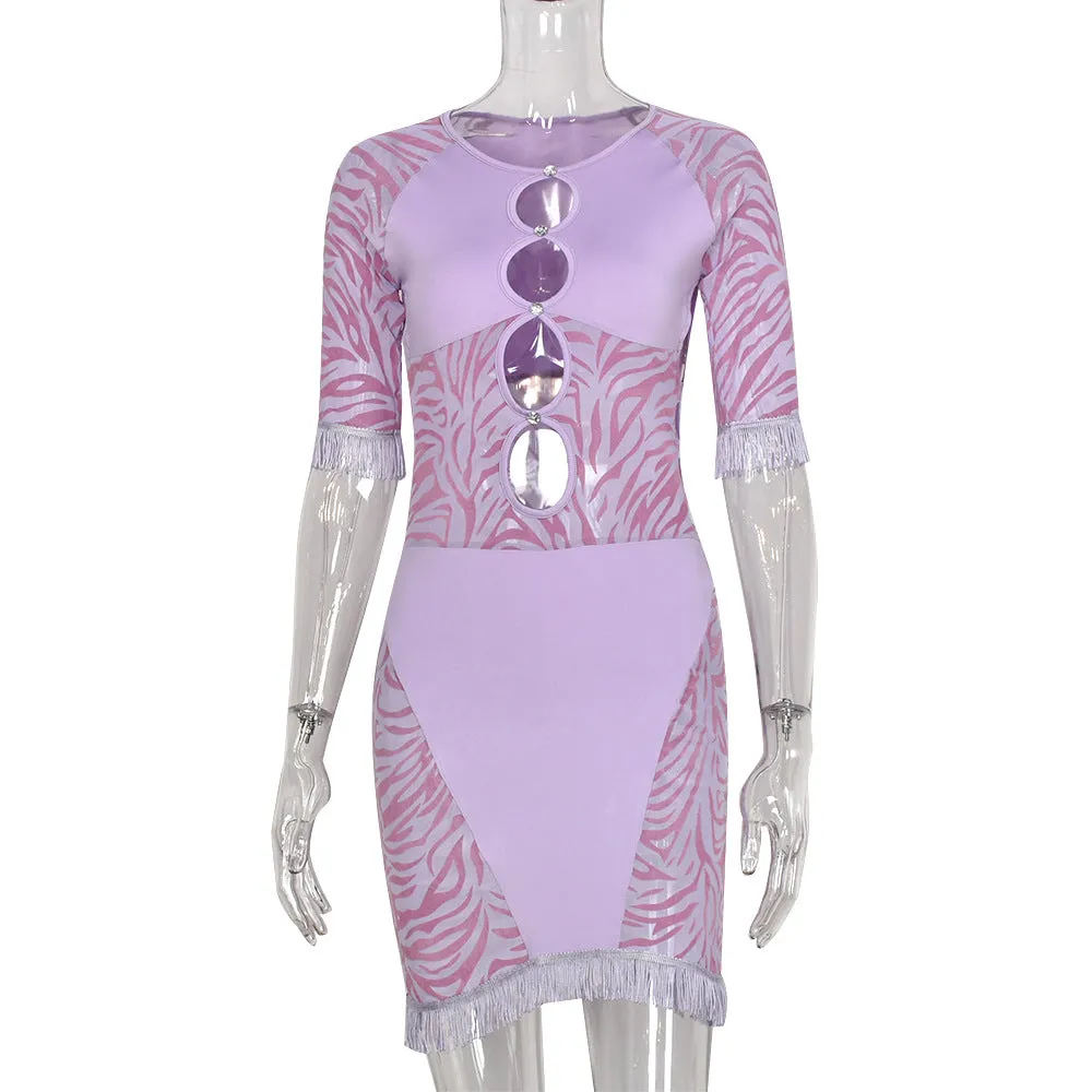 Cut Out Zebra Mesh Transparent Mini Beach Holiday Party Club Bodycon Pencil Dress