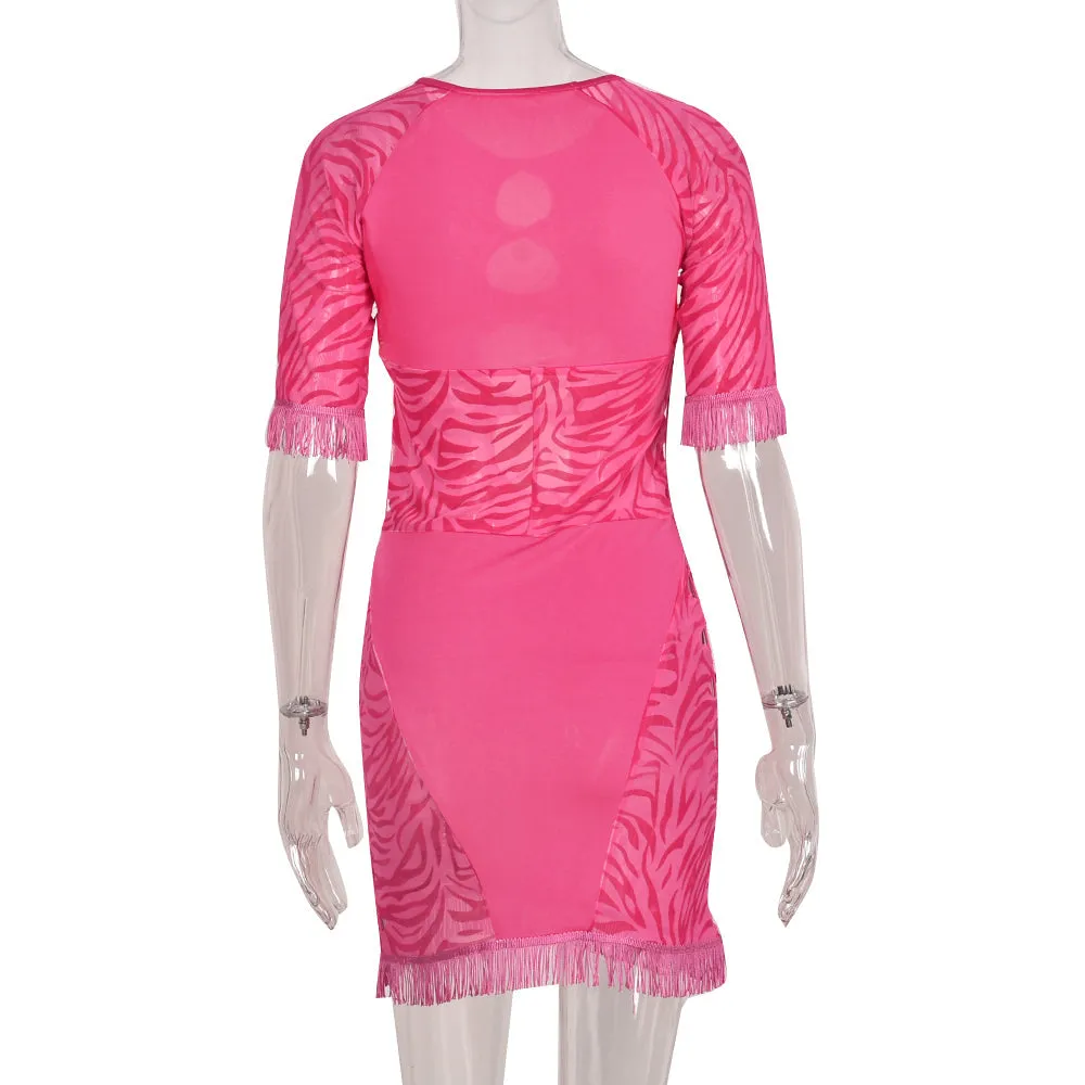 Cut Out Zebra Mesh Transparent Mini Beach Holiday Party Club Bodycon Pencil Dress