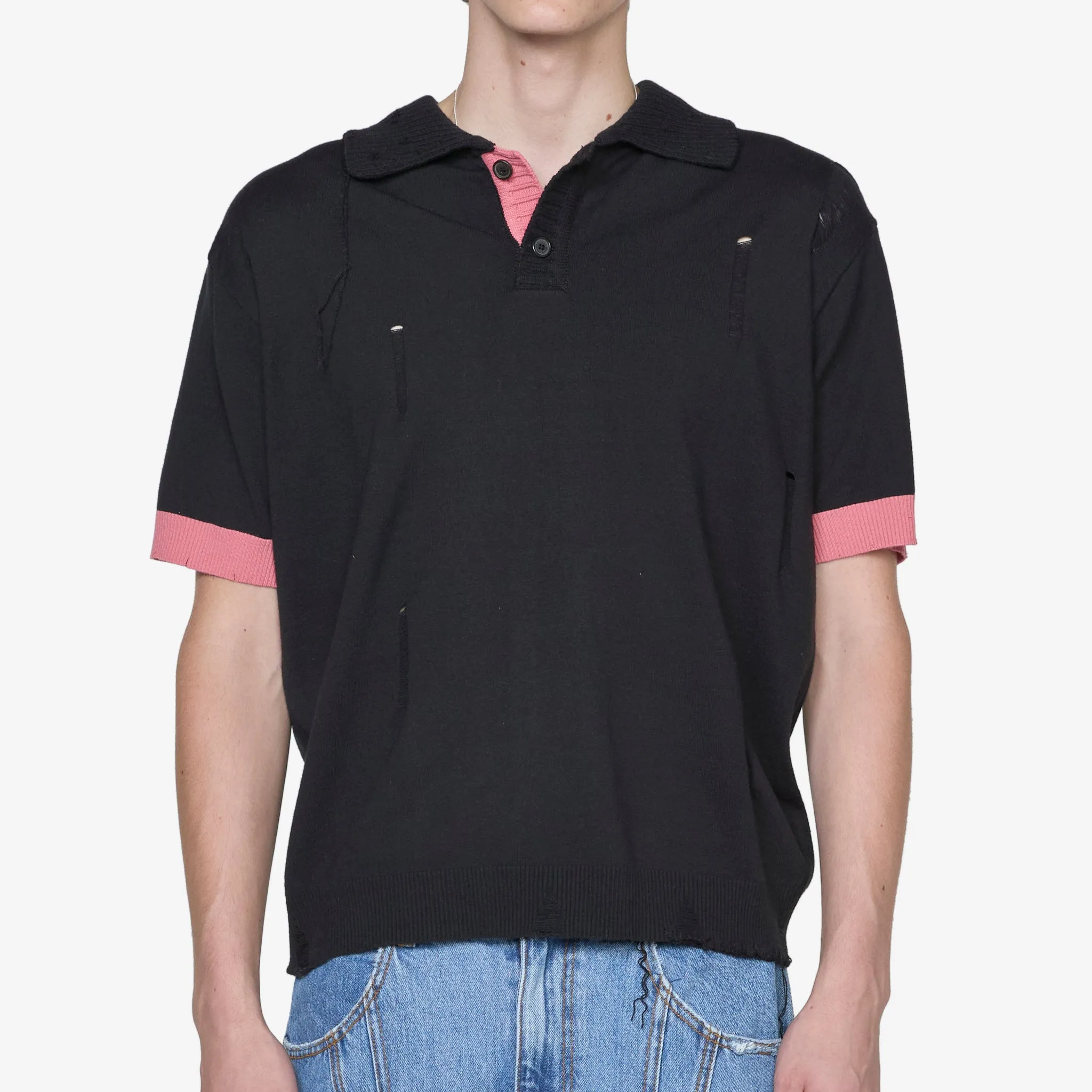 Damaged Polo Sweater Black | Pink