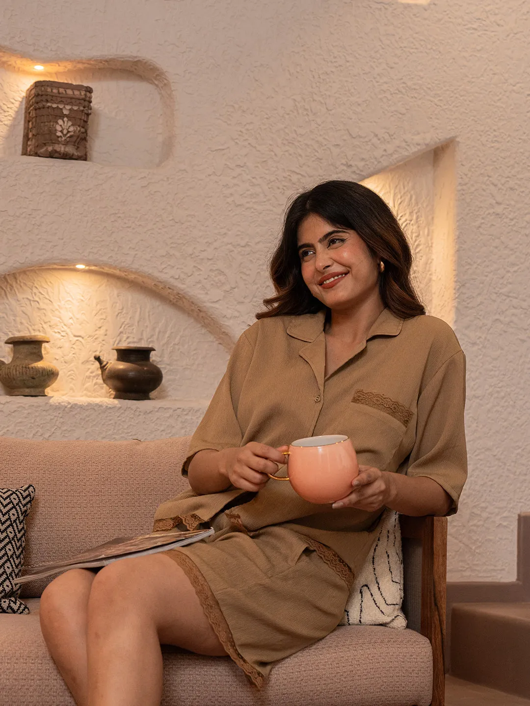 Desert Brown Soft Crepe Shirt and Shorts Night Dress