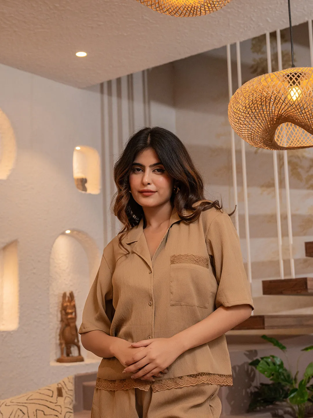 Desert Brown Soft Crepe Shirt and Shorts Night Dress