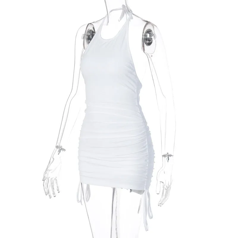Drawstring Ruched Halter Backless Mini Club Party Summer Sleeveless Bodycon Dress
