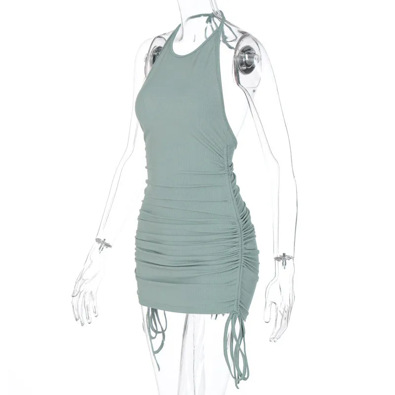 Drawstring Ruched Halter Backless Mini Club Party Summer Sleeveless Bodycon Dress