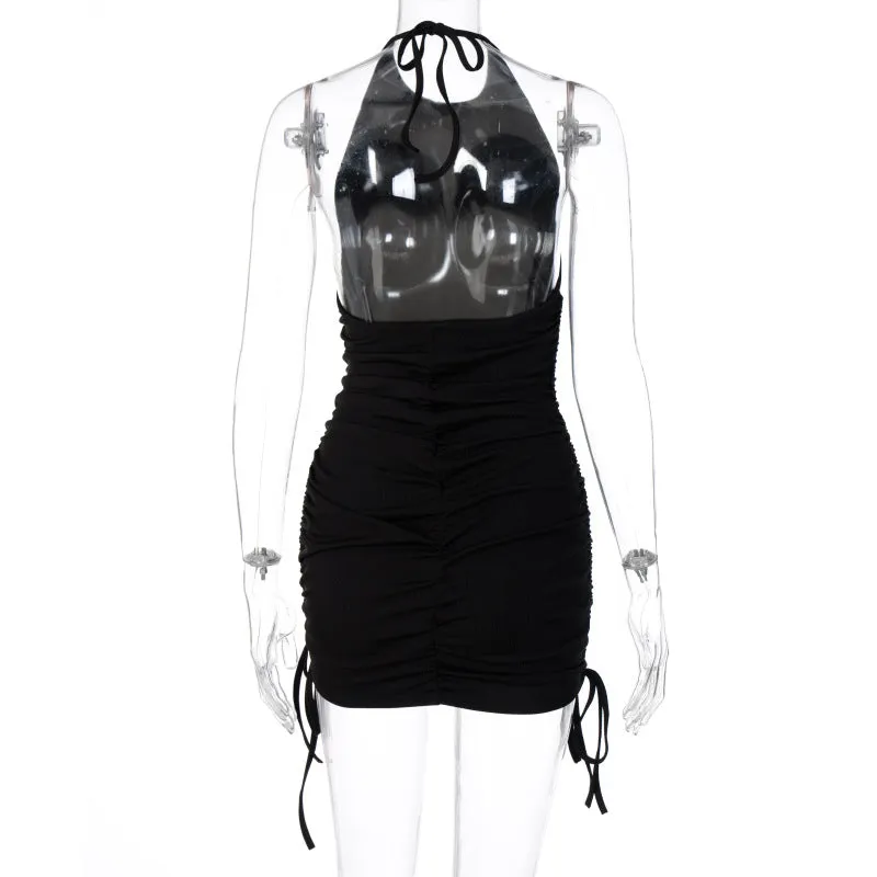 Drawstring Ruched Halter Backless Mini Club Party Summer Sleeveless Bodycon Dress