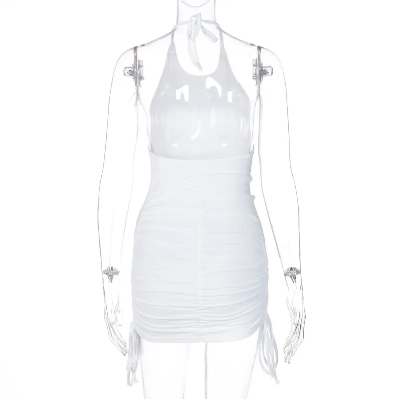 Drawstring Ruched Halter Backless Mini Club Party Summer Sleeveless Bodycon Dress