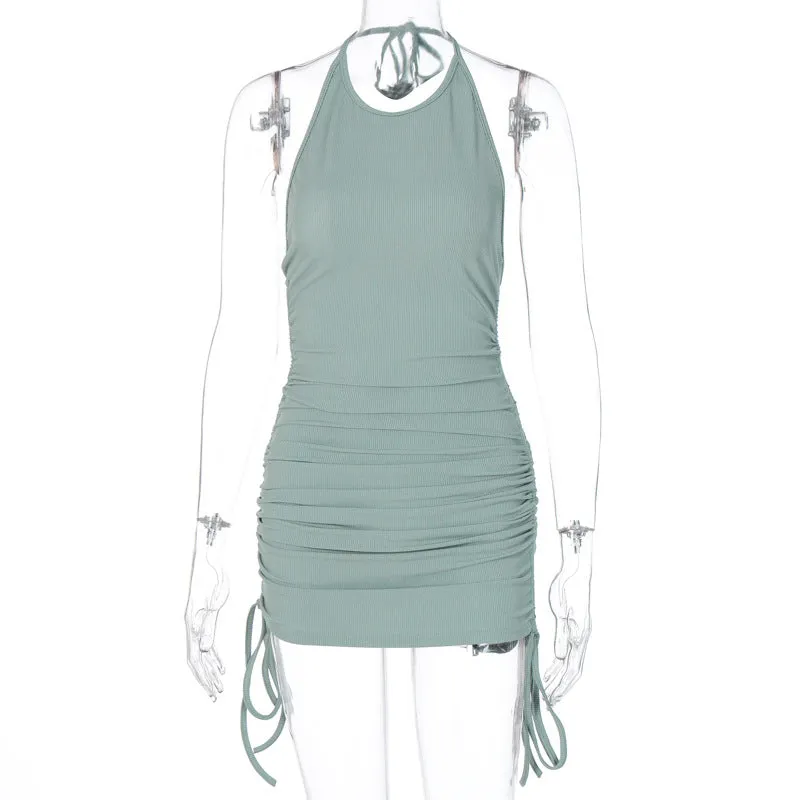 Drawstring Ruched Halter Backless Mini Club Party Summer Sleeveless Bodycon Dress